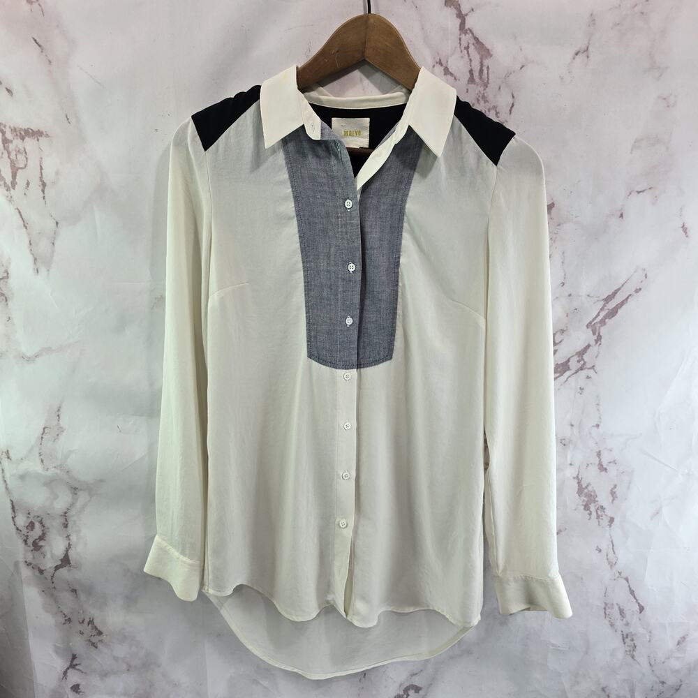 Anthropologie Shirt Womens XS 2 White Black Chambray Button Blouse Mixed Maeve